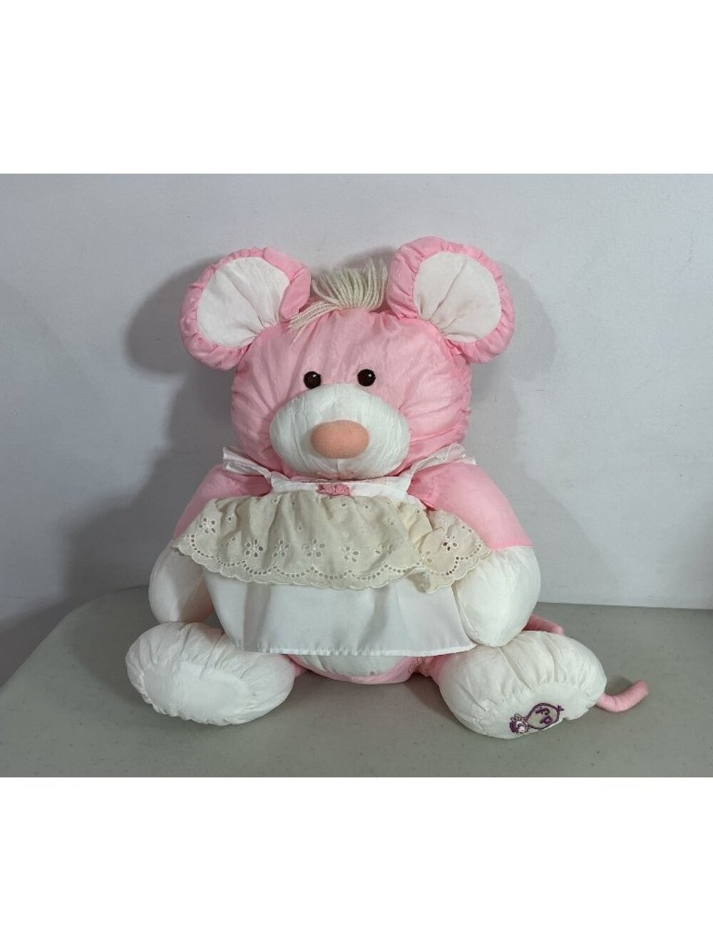 Vintage 1987 Fisher Price Puffalumps Plush Pink Mouse Original Dress Outfit
